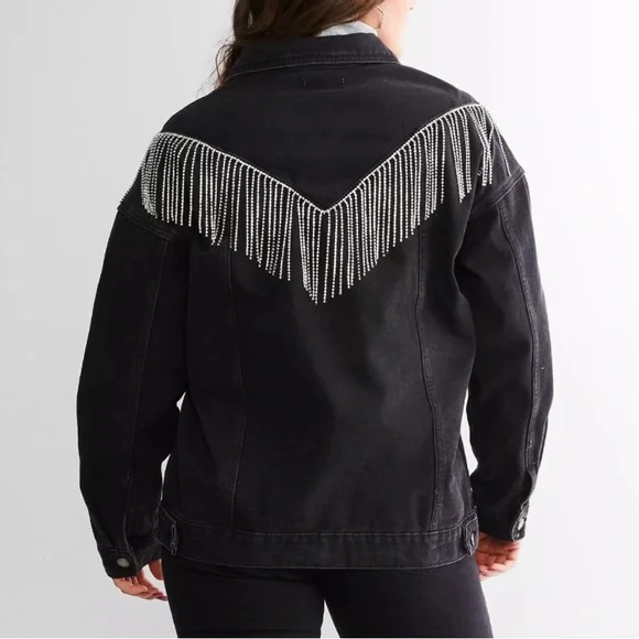 Cowgirl Rhinestone Fringe Black Denim Jacket, VEVERET sz 18. Trucker Glam Biker - Picture 6 of 11